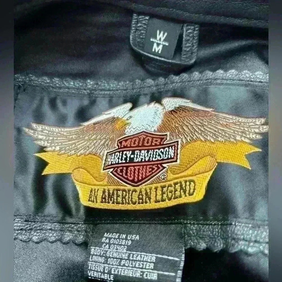 HARLEY- DAVIDSON WOMENS BLACK LEATHER #1 BIKER FLAG EMBLEM RARE JACKET SIZE MED - Picture 10 of 15